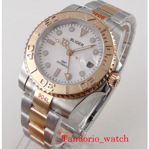 Bliger 40mm GMT Automatic Watch Sapphire Glass Date ROtating Bezel 904L Oyster Band Solid Back