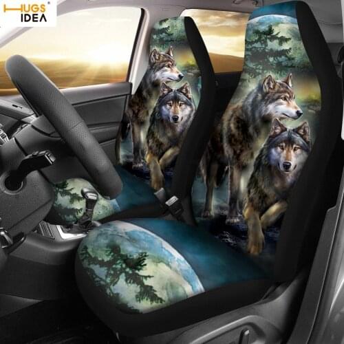 HUGSIDEA 2Pcs Wolf Night Car Seat Cover 3D Moon Wolves Pirnt Auto Interior Front Seat Decoration Sheet Car Seat Protector Cover