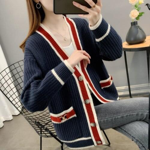 Sweater jacket women autumn and winter clothing 2021 new loose Korean v-neck long-sleeved western knitted cardigan top