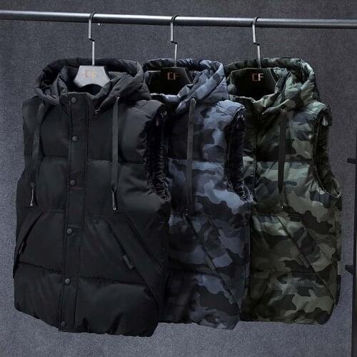 Mcikkny Men Winter Camouflage Vests Hooded Warm Casual Windbreak Waistcoats For Male Sleeves Plus Size L-7XL