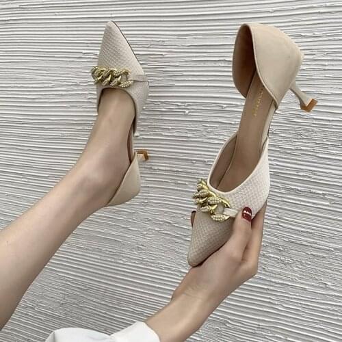 Fashion 2021 Summer Women Pumps Pointed Toe Thin High Heel Shoes Ladies Party Mary Jane Wedding Chain Casual Side Thin Heels