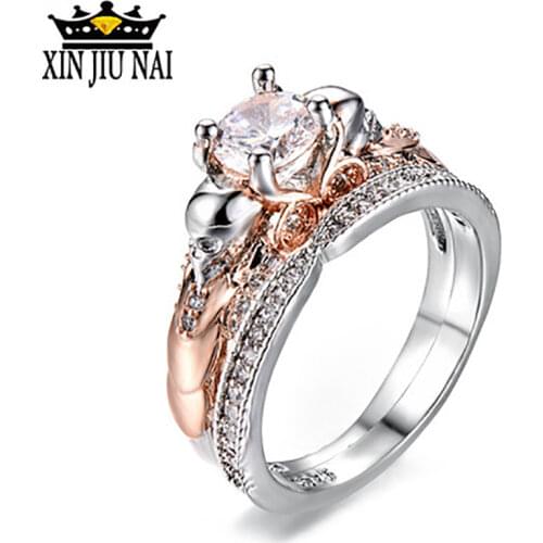 2/pcs Punk Female Rose Gold Color Heart Lovers Ring Set Unique Skull White Stone Zircon Bridal romance Ring diamond Jewelry