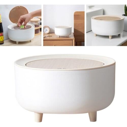 Desktop Mini Trash Can with Elasticity Press Lid Cover High Foot Round Waste Basket Dispenser Countertop Tabletop Waste Dust Bin