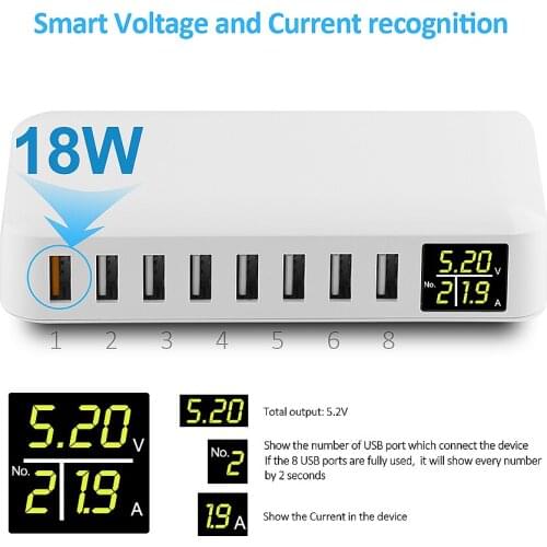 60W 8A 8-port Desktop USB Smart Charging Station with LED Display Multi-protection Smart Voltage and Current Recognition UK