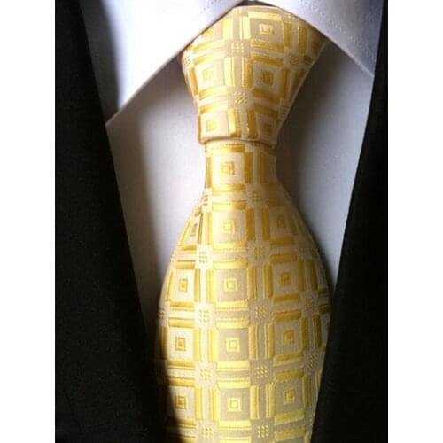 8cm New Classic Ties Mens Jacquard Woven Neck Tie Yellow Plaids Cravat