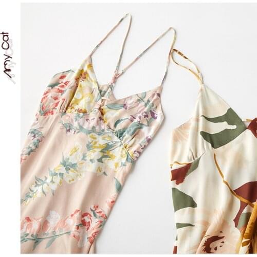 2019 Summer New Style V-neck Sexy Nightdress, Classic Floral Suspender Halter Skirt, Satin Comfortable Plus Size Home Nightdress