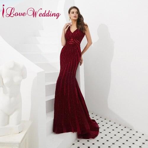 ILoveWedding Charming V Neck Crystals Open Back Mermaid Prom Long Elegant Dresses Real Sample