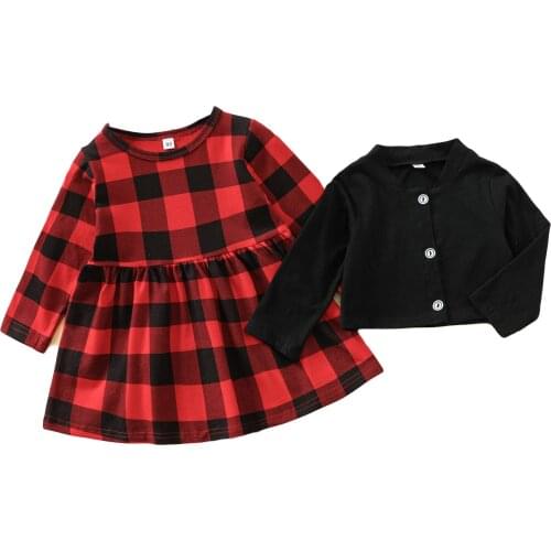 2Pcs Kids Autumn Outfit Plaid O-Neck Long Sleeves Loose Dress + Buttons Cardigan for Girls 1-5 Years