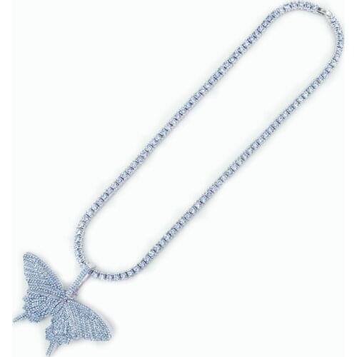 Blue Crystal Necklace with Butterfly Charm 5mm 1 Row Tennis Chain Pink Pendant Womens Iced Out Rap Jewelry Silver Color Chocker