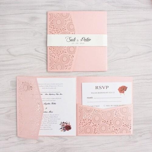 Pink flower laser cut card invitation with RSVP envelop belly band tri-fold pocket invites wedding party supply free printing