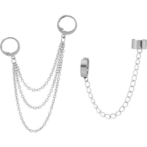 Korean Fashion Hip Hop Chain Earrings Titanium Steel Chain Threader Drop Cuff Double Chain Piercing Earrings Unisex Jewelry