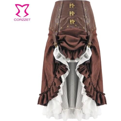 Victorian Brown&White Leather Adjustable Asymmetrical Ruffle Vintage Steampunk Sexy Skirt Gothic Clothing Women Ladies Skirts