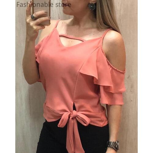 Women Casual Solid Color Ruffles V Neck Tie Front Design Blouse
