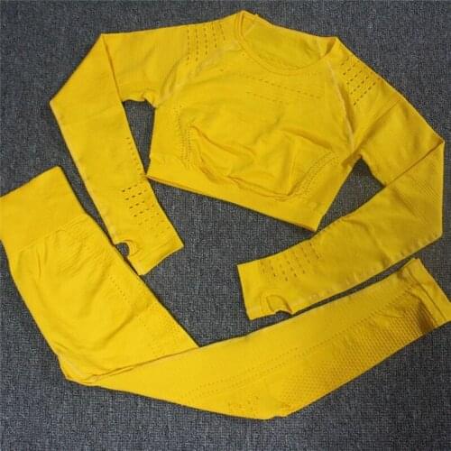 Women Seamless Yoga Sets High Waist Gym Mesh Leggings Shirts Suit Long Sleeve Fitness Workout Sports Running Thin Yoga Sets