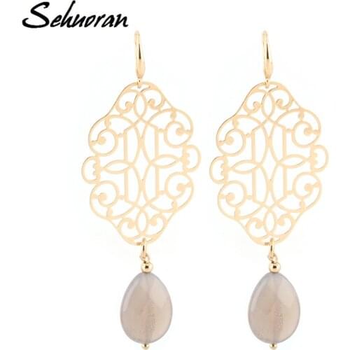 Sehuoran Drop Earrings Pendientes Copper Shell Natural Stone Statement Earrings For Women Wedding Party Jewelry Bohemian