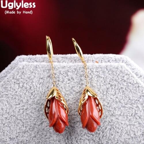 Uglyless Natural Coral Red Magnolia Agate Earrings for Women Fashion Dress Earrings 925 Sterling Silver Floral Brincos Bijoux