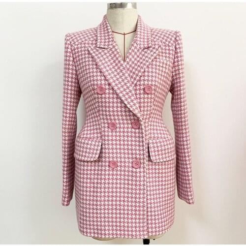 Free Shipping 2021 High Quality Fall Winter Long Pink Houndstooth Blazers Jacket Women Elegant High Fashion Formal Outwear