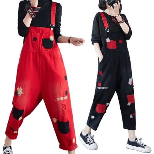 2021 New Retro Literature and art embroidery denim overalls female fat mm age-reducing hole pocket jumpsuit cotton soft pants