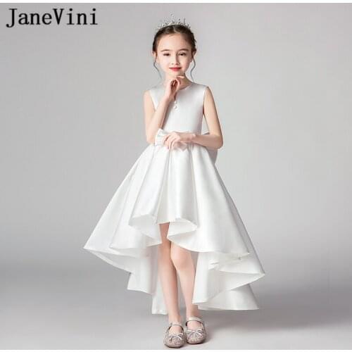 JaneVini 2019 Elegant White Flower Girl Dresses with Cape Satin Big Bow Back High Low Ankle Length Girls First Communion Gowns