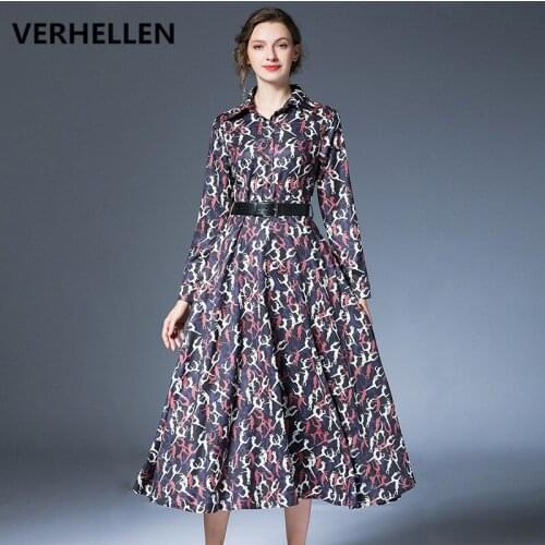 VERHELLEN High Quality 2020 Spring Autumn Womens Long Sleeve Vintage Print Casual Dress Runway Vestidos Free Send Belt