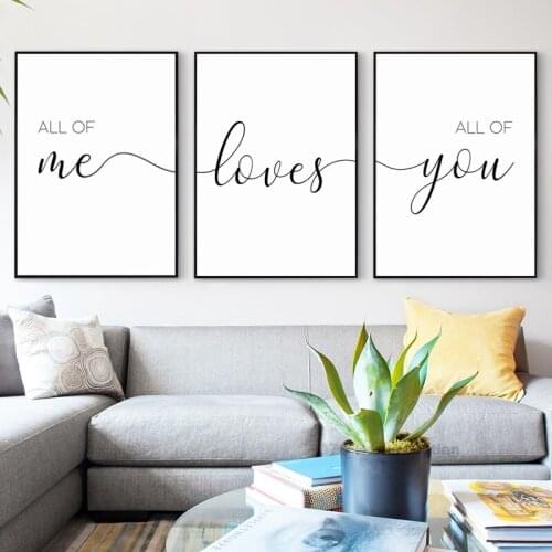 Black and White Abstract Wall Art Canvas Painting Line Drawing Letter All of Me Loves You Romantic Couple Love Phrase Room Decor