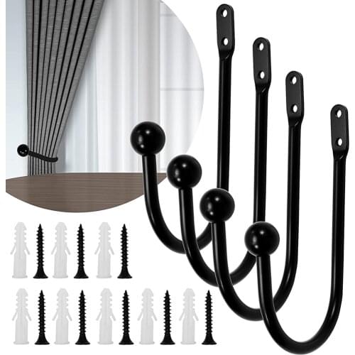 4 Pcs Curtain Pull Backs Holdbacks, U Shaped Metal Holders Curtain Tie Backs Attach to Wall, Wall Mounted Curtain Tieback Hooks