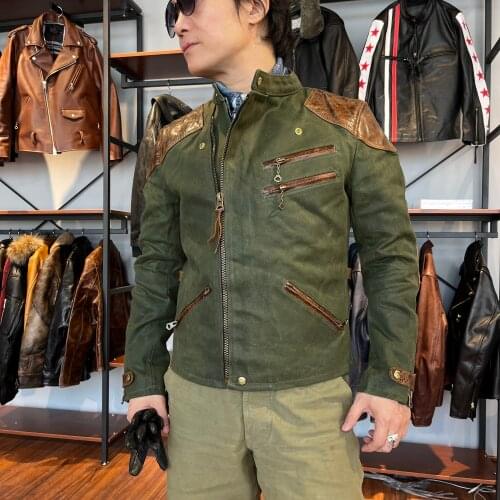 CDJ-106 Read Description! Asian Size Genuine Cow Leather Waterproof 18oz Canvas Coat Cowhide Wax Aged Looking Jacket