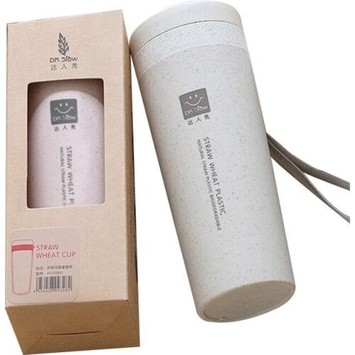 Hot sale bpa-free 300ml milk tea cup of NATURAL Green Wheat Straw PLASTIC BIODEGRADABLE portable Drinking coffee mug with rope