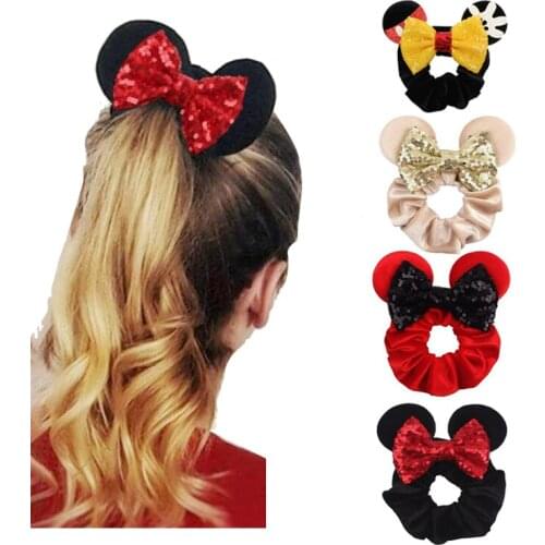 Pretty Mouse Ears Sequins Hair Bow Fabric Hair Ring Women Velvet Scrunchies Fashion Waist Hair Bands Headband For Girl Headwear