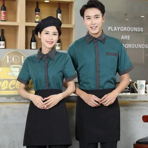 Short Sleeve Hotel Waiter Uniform Summer Cafe Waitress Uniform Shirt + Apron Restaurant Chef Uniform Kitchen Work Wear Jacket 90