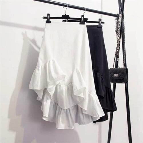 Shintimes 2020 Summer Autumn Vintage Irregular Ruffles High Waist Skirts Womens White Black Korean Style Asymmetrical Skirt