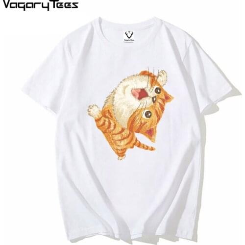 VagaryTees Summer Men Fashion Hand Painted Tabby cat to look up Print Short Sleeve Popular Design Tops Novelty unisex streetwear