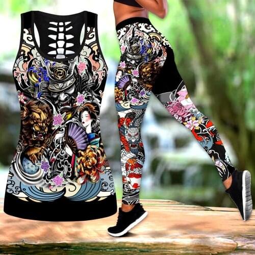 Fashion Women Leggings Samurai Geisha and Lion Tattoo 3D Printed Leggings & Tank top Sexy Elastic Female Skinny Yoga pants