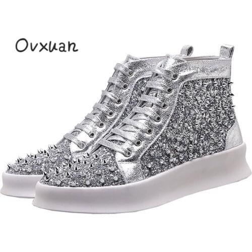 OVXUAN 2020 Men British Luxury Ankle Boots High Top Rivet Punk Riding Boots Party Business Shoes Casual Hip Hop Shoes for Male