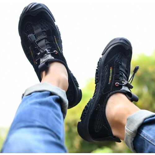 ZSAUAN Sneakers Men Summer Breathable Loafers Toe Protect Outdoor Flats Mesh Lace-up Shoes Moccasins Anti-skid 2021