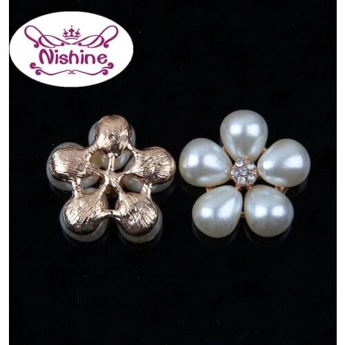 Nishine 30pcs Flatback Alloy Gold & Silver Flower Shape Faux Pearl Button DIY Headband Supplies Wedding Bridal Embellishment