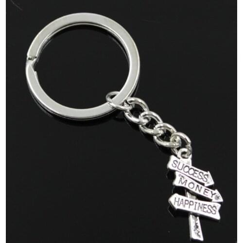 New Fashion Men 30mm Keychain DIY Metal Holder Chain Vintage Signpost Success Money Happiness 25x16mm Silver Color Pendant Gift