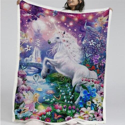 Blessliving Unicorn Fairy Sherpa Blanket Wonderland Girls Throw Blanket Elf Castle Kid Bedspread Animal Floral Dreamy Thin Quilt