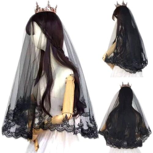 Single Layer Women Girls Cover Face Mantilla Black Wedding Veil Embroidery Eyelash Floral Lace Trim Halloween Cosplay Costume