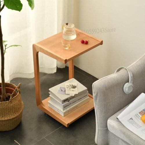 Mobile Side Table Solid Wood C-shaped Side Table Bedroom Mini Wheeled Small Square Table Sofa Bed Side Light Luxury Small Coffee