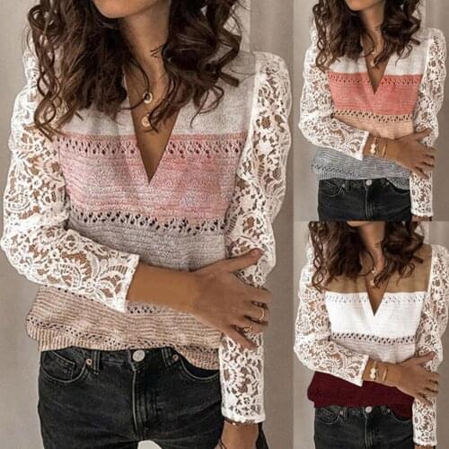 S-3XL Long Sleeve Pullover Top Women Lace Patchwork Long Sleeve Color Block V Neck Pullover Knitted Sweater Soft Sweaters