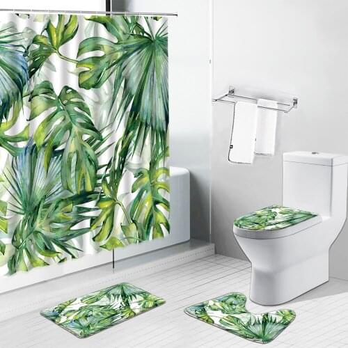 Tropical Green Plant Monstera Shower Curtains Bath Mat Flower Leaves Scenery Non-Slip Carpet Toilet Cover Rug Bathroom Decor Set