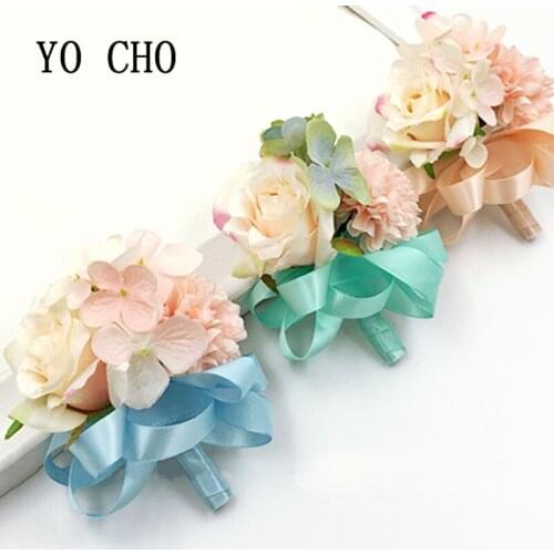 YO CHO Bridesmaid Corsage Satin Wedding Flowers Artificial Wedding Wrist Bracelet Man Boutonniere Decoration for Wedding Party