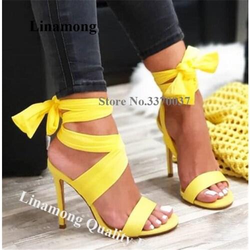 Summer New Fashion Women Open Toe Suede Leather Stiletto Heel Gladiator Sandals Lace-up Yellow Banded High Heel Sandals Shoes