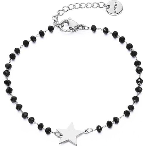 Stainless Steel Star Charm Bracelet For Women Black Crystal Beads Handmade Bracelet Bangle Hand Jewelry Gift 2019 New