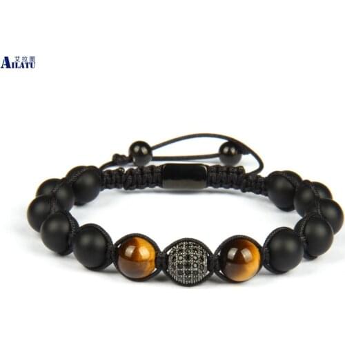 Ailatu New Design Black Cz Ball Macrame Bracelet with 8mm Natural Tiger Eye and Matte Onyx Stone Jewelry