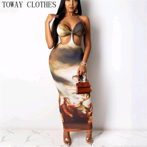 Women Sleeveless Figure Print Cutout Halter Backless Maxi Dress Skinny Party Dresses
