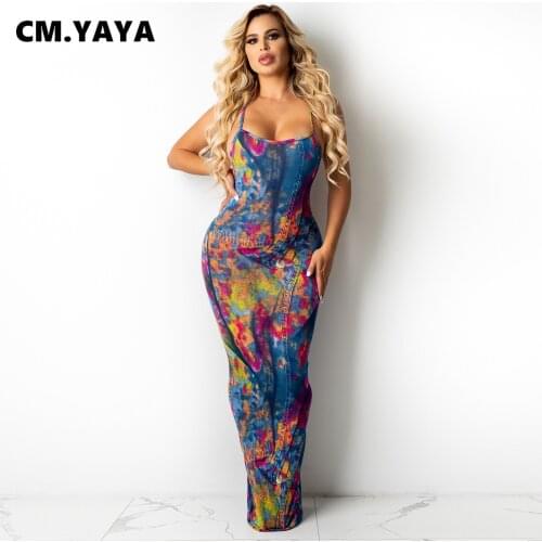 CM.YAYA Women Dress Print Sleeveless Strap O-neck Backless Stretchy Bodycon Skinny Long Maxi Dresses Sexy Party Vestidos Summer
