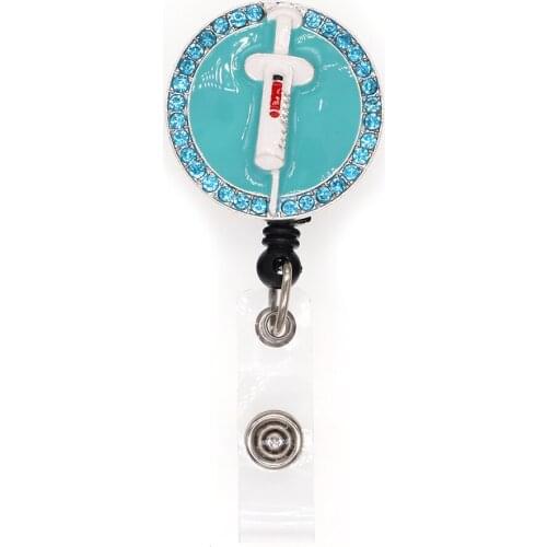 10 pcs/lot Hot Sale Blue Syringe Rhinestone Retractable ID Badge Holder Reel