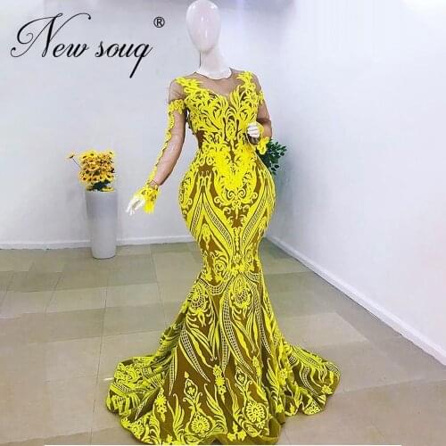 2021 High Fashion Dubai Evening Dresses Yellow Sequins Party Gowns See Through Prom Pageant Dress Arabic Long Abiti Da Cerimonia